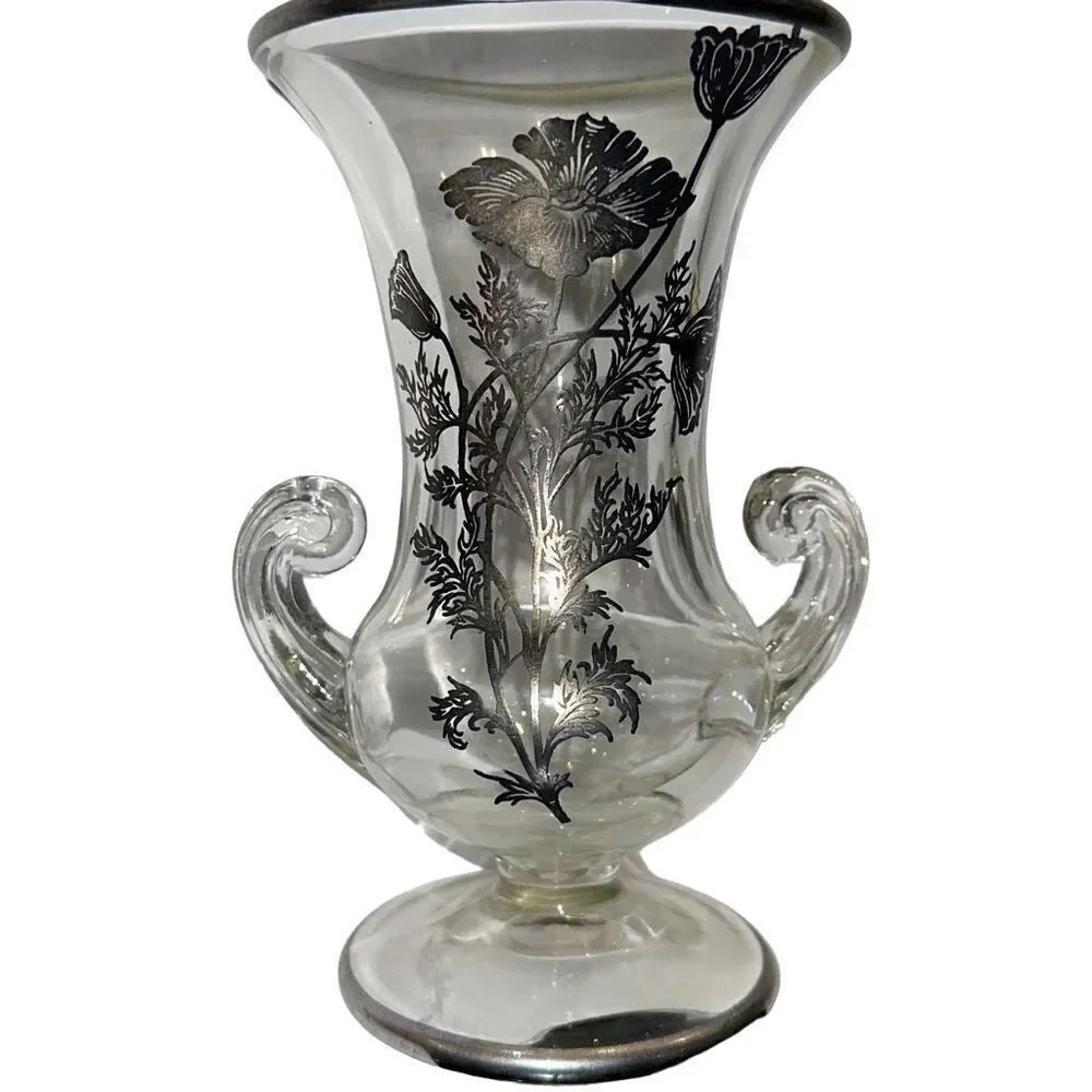 Silver City Footed Double handle Vase with applied Silver Floral  Flanders Patt